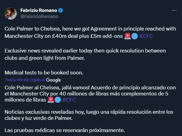 Todo sobre la venta de Cole Palmer (Twitter @FabrizioRomano).