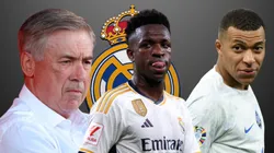 Carlo Ancelotti, Vinicius y Kylian Mbappé.