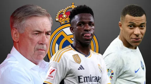 Carlo Ancelotti, Vinicius y Kylian Mbappé.