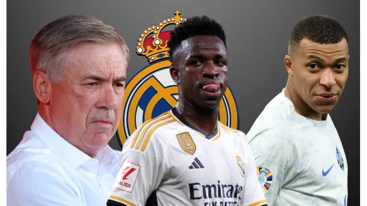 Carlo Ancelotti, Vinicius y Kylian Mbappé.