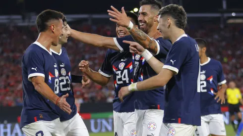 SANTIAGO, CHILE – MARCH 27: Gabriel Avalos (R) of Paraguay celebrates with teammates after scoring the second goal of his team during an international friendly match against Paraguay at Estadio Monumental David Arellano on March 27, 2023 in Santiago, Chile. (Photo by Marcelo Hernandez/Getty Images)