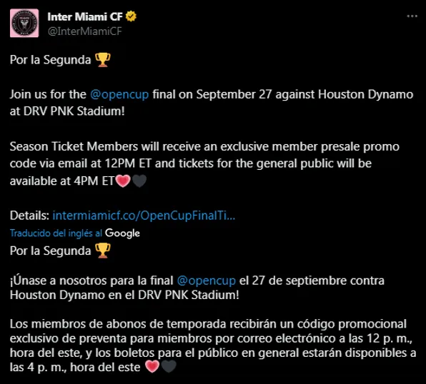 Inter Miami vs Houston Dynamo jugaran final de US Open Cup (Foto: Twitter / @InterMiamiCF)