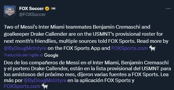 Cremaschi y una inminente convocatoria para Estados Unidos (Twitter @FOXSoccer).