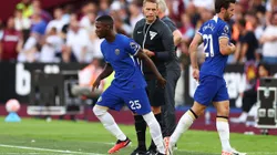 LONDON, ENGLAND - AUGUST 20: Moises Caicedo of Chelsea is substituted on for teammate Ben Chilwell during the Premier League match between West Ham United and Chelsea FC at London Stadium on August 20, 2023 in London, England. (Photo by Clive Rose/Getty Images)