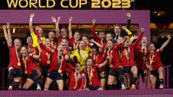 SYDNEY, AUSTRALIA - AUGUST 20: Ivana Andres of Spain lifts the FIFA Women's World Cup Trophy following victory in the FIFA Women's World Cup Australia & New Zealand 2023 Final match between Spain and England at Stadium Australia on August 20, 2023 in Sydney, Australia. (Photo by Catherine Ivill/Getty Images)