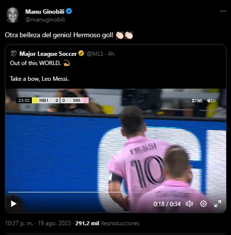 Manu reacciona al gol de Messi (Foto: Twitter / @manuginobili)