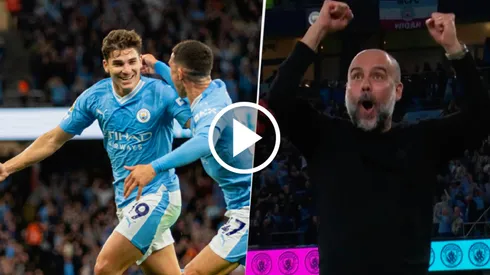 Guardiola festeja y Julián Álvarez se abraza con Foden.