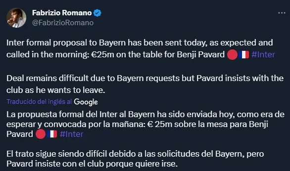 La situación de Benjamin Pavard (Twitter @FabrizioRomano).