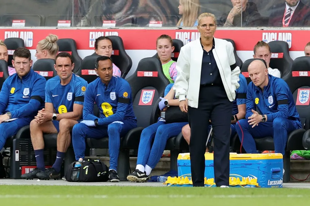 MILTON KEYNES, ENGLAND – JULY 01: Sarina Wiegman, Manager of England, looks on during the Women’s International Friendly match between England and Portugal at Stadium mk on July 01, 2023 in Milton Keynes, England. (Photo by David Rogers/Getty Images)