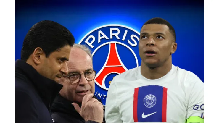 Nasser Al-Khelaifi, Luis Campos y Kylian Mbappé.