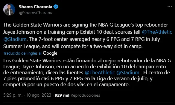 Nuevo jugador de Warriors (Foto: Twitter / @ShamCharania)