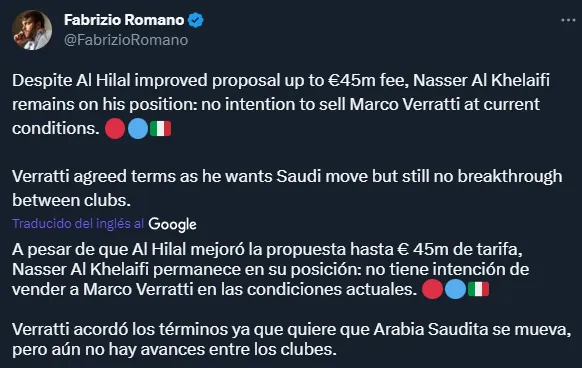 Al Hilal insiste por Verratti (Twitter @FabrizioRomano).