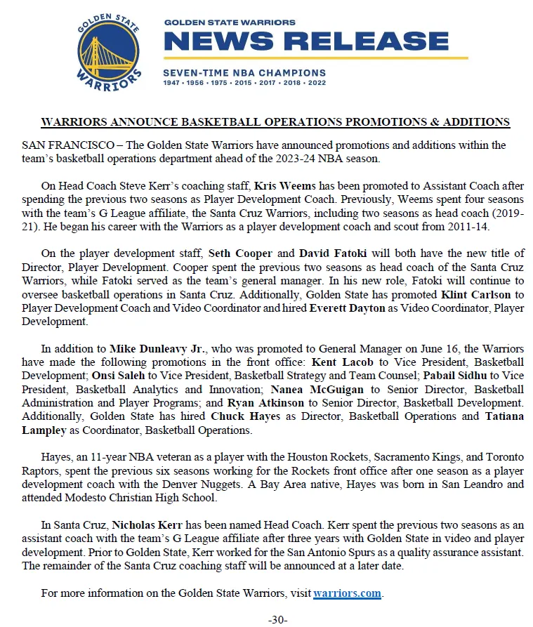 Cambios en Golden State Warriors  (Foto: Twitter / @WarriorsPR)