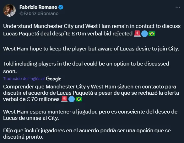 Manchester City quiere a Paquetá (Twitter @FabrizioRomano).