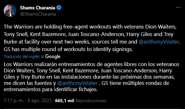 Agentes libres que entrenan con Warriors (Foto: Twitter / @ShamsCharania)