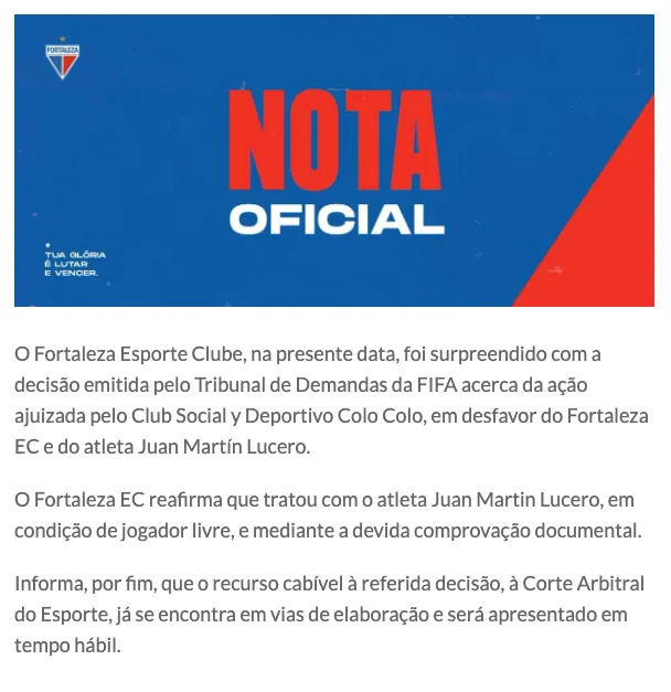 La respuesta de Fortaleza por el caso Juan Martín Lucero y la demanda de Colo Colo.