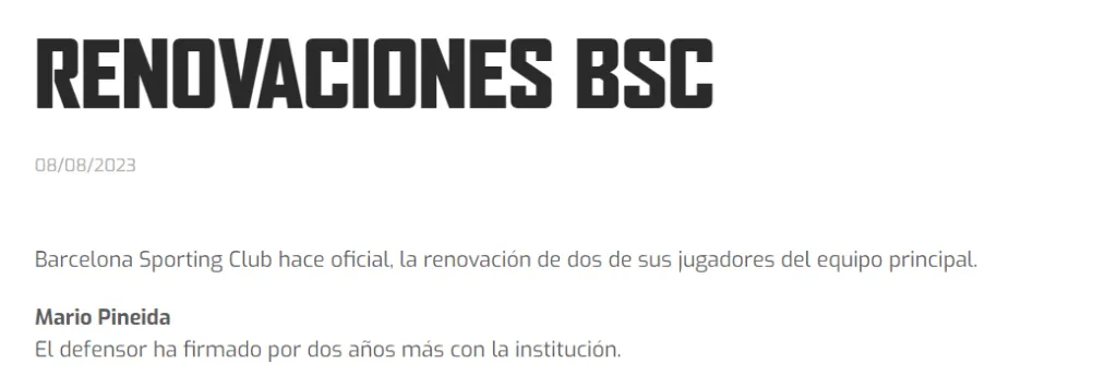 Captura de la web de Barcelona SC.