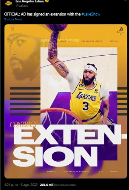 Lakers anuncio la extension de contrato de Davis (Foto: Twitter / @Davis)