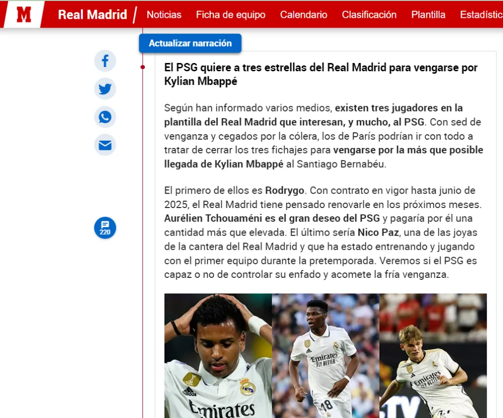 Marca de España se hizo eco de la versión de de los futbolistas que quiere el PSG.