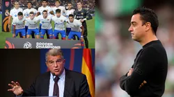 Xavi, Joan Laporta y sus jugadores.