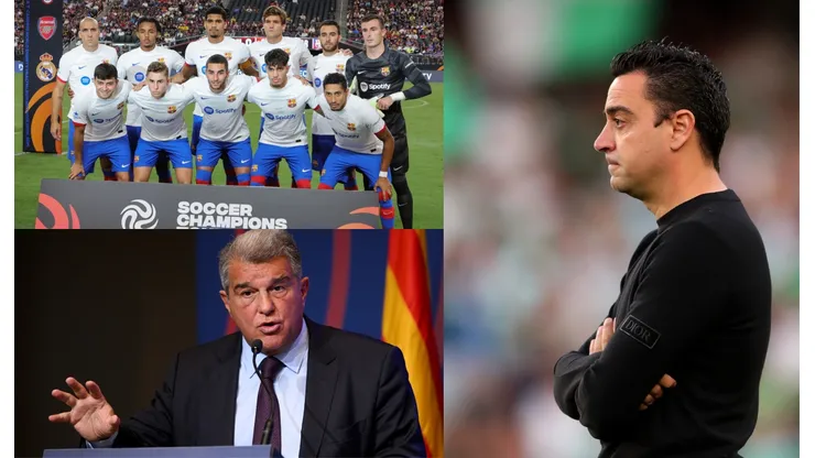 Xavi, Joan Laporta y sus jugadores.