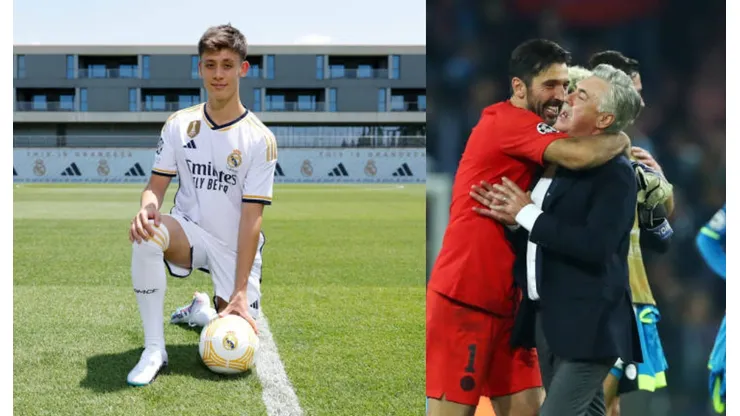Arda Guler, Gianluigi Buffon y Carlo Ancelotti.