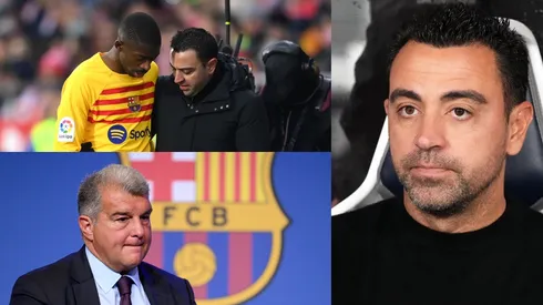 Ousmane Dembelé, Xavi y Joan Laporta.