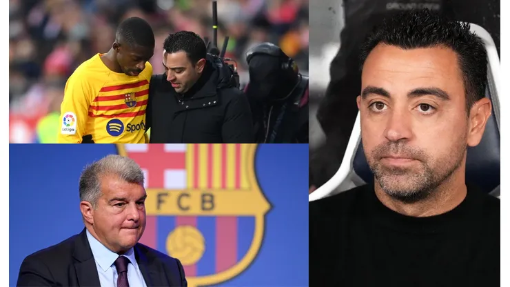 Ousmane Dembelé, Xavi y Joan Laporta.