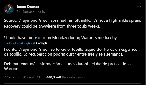 Green se lesionó en Warriors (Foto: X / @JDumasReports)