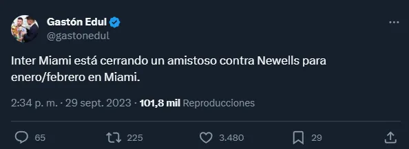 La información de Edul sobre el amistoso Messi-Inter Miami-Newell’s (Twitter @gastonedul).
