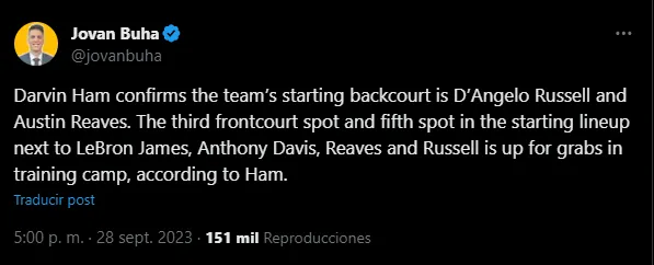 Los primeros titulares de Lakers (Foto: X / @jovanbuha)