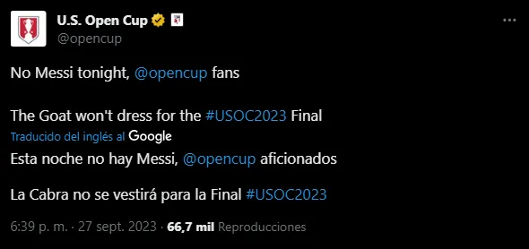 Mensaje para Messi (Foto: X  / @opencup)