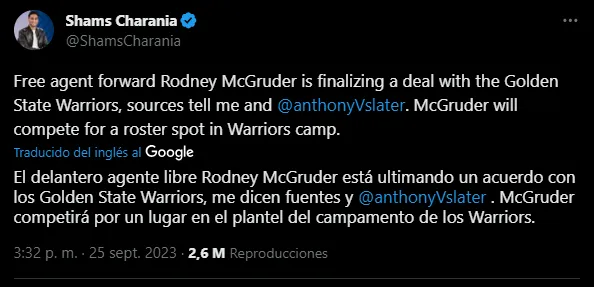 Posible refuerzo de Warriors (Foto: X / @ShamsCharania)