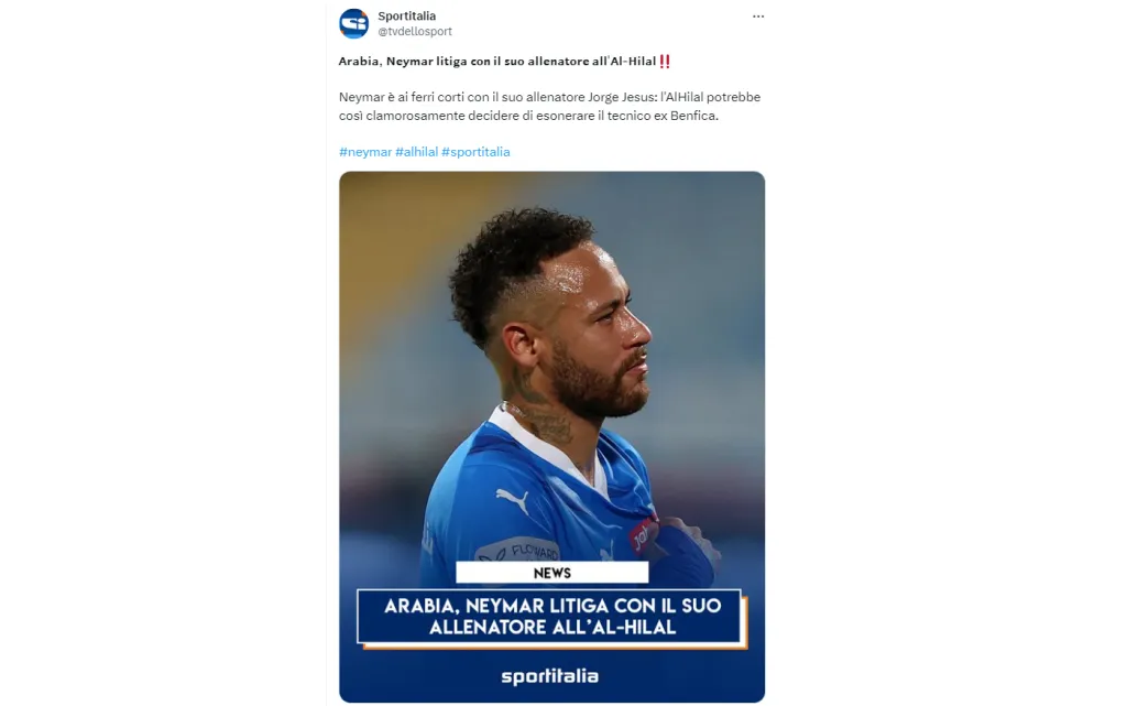 Sport Italia lanzó en su cuenta de Twitter la versión de un presunto cortocircuito entre Neymar Júnior y Jorge Jesús.