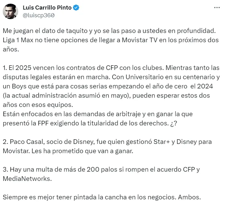 ¿Liga 1 MAX y Movistar Deportes podrían unirse? Luis Carrillo Pinto responde. (Foto: Luis Carrillo Pinto)