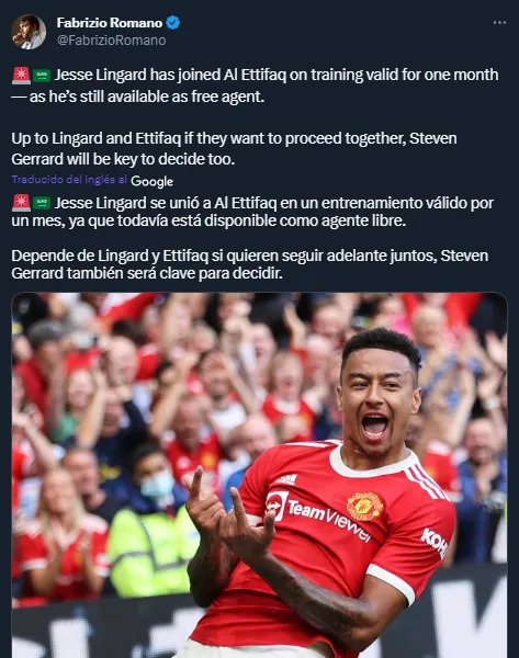 La nueva oportunidad de Lingard (Twitter @FabrizioRomano).