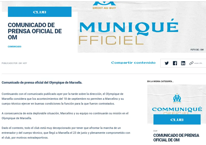 Comunicado oficial del Marsella.