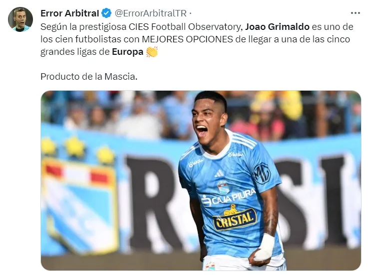 Joao Grimaldo será la próxima gran venta de Sporting Cristal. | Créditos: Twitter @ErrorArbitralTR.