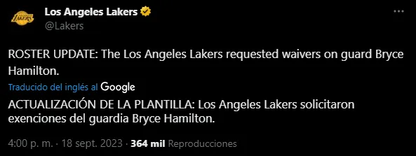 Lakers cortó a un compañero de LeBron (Foto: X / @Lakers)