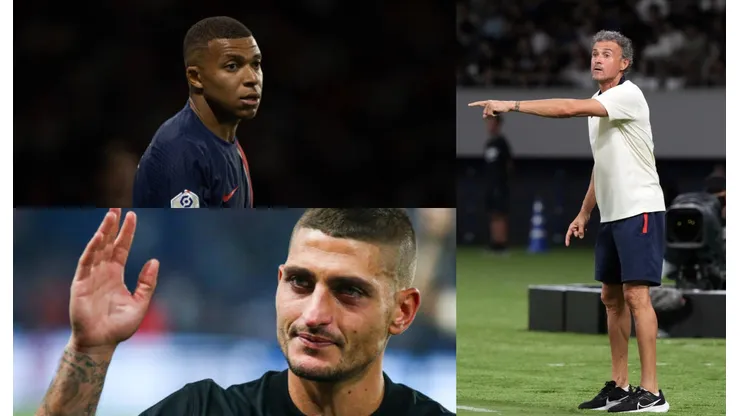 Kylian Mbappé, Marco Verratti y Luis Enrique.