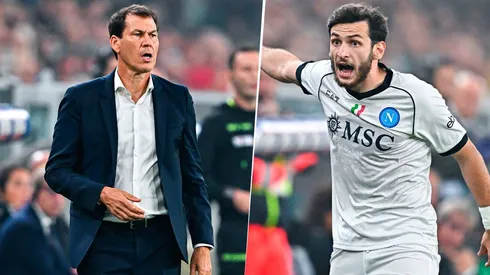 Kvicha Kvaratskhelia le hizo gestos a Rudi García cuando decidió modificarlo en el 2 a 2 del Napoli con el Genoa. Getty Images.