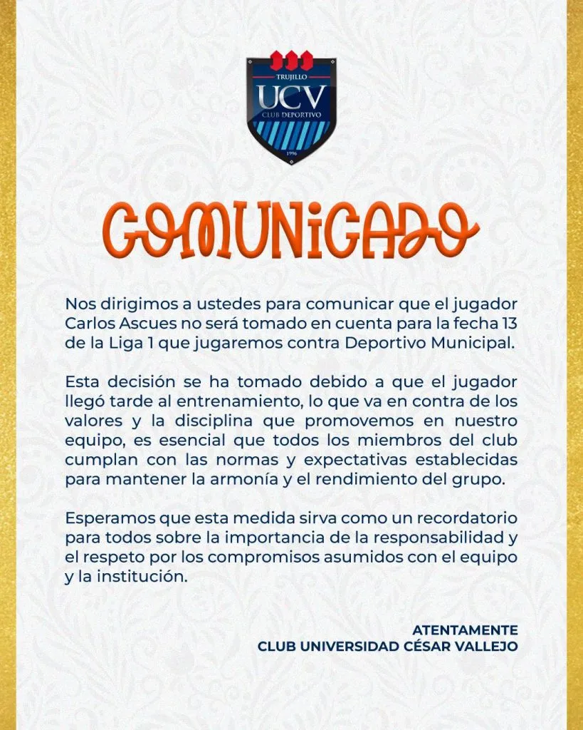 Roberto Mosquera “borró” a Carlos Ascues tras indisciplina. | Foto: Universidad César Vallejo.