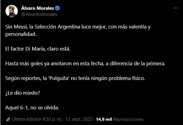 Morales ataca a Messi (Foto: X / @AlvaritoMorales)