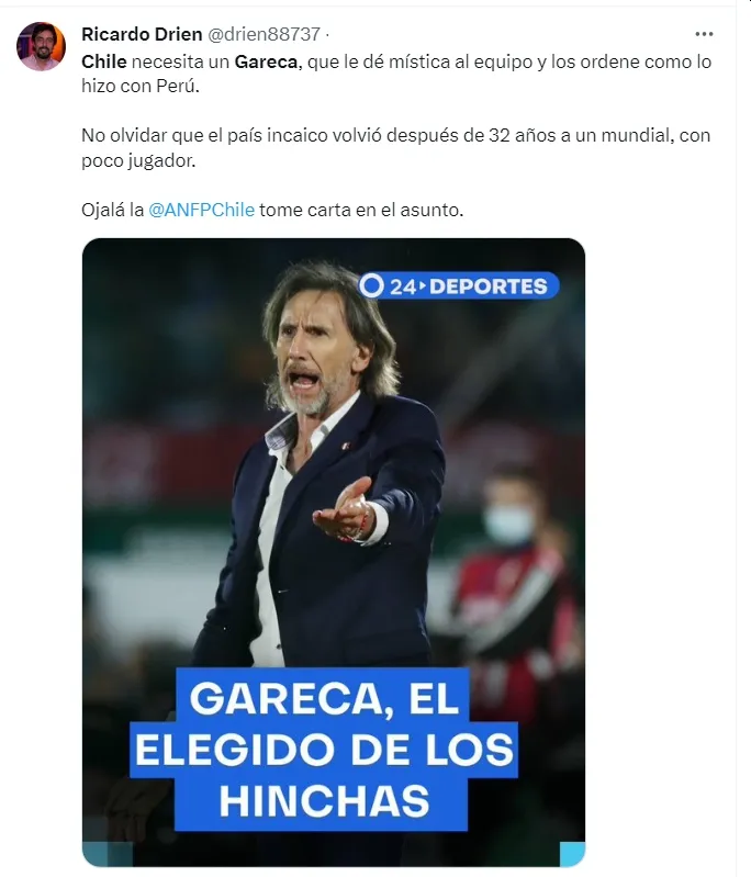 Ricardo Gareca podría dirigir Chile a pesar de su pasado en Perú. | Fuente: Twittter @drien88737