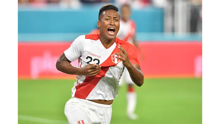 MIAMI, FL - OCTOBER 12: Pedro Aquino #23 of Peru celebrates scoring a goal during the International Friendly "Clasico del Pacifico against Chile at Hard Rock Stadium on October 12, 2018 in Miami, Florida. (Photo by Mark Brown/Getty Images)