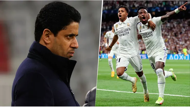 Nasser Al Khelaifi estaría pensando en ofertar por los jugadores del Real Madrid Vinícius, Rodrygo Goes, Aurélien Tchouaméni, Eduardo Camavinga y Federico Valverde. Getty Images.
