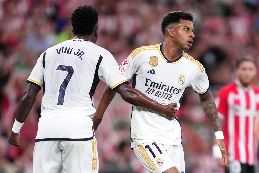 Nasser Al Khelaifi estaría buscando quedarse con la dupla brasileña del Real Madrid conformada por Vinícius Júnior y Rodrygo Goes. Getty Images.