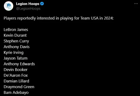 Jugadores de USA que irian a Paris 2024 (Foto: X / @LegionHoops)