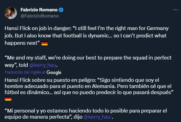 Las declaraciones de Hansi Flick tras la derrota (Twitter @FabrizioRomano).