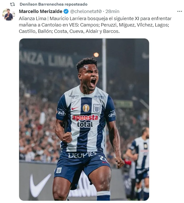 ¿Mauricio Larriera pondrá a Cristian Benavente en el once de Alianza Lima? Foto: Twitter @cheloneta10.